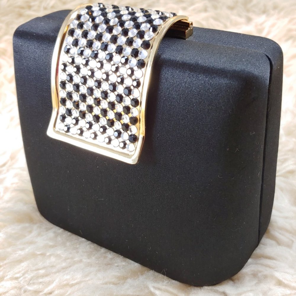 Black/Clear Crystal Gold Clasp Clutch, Black Satin